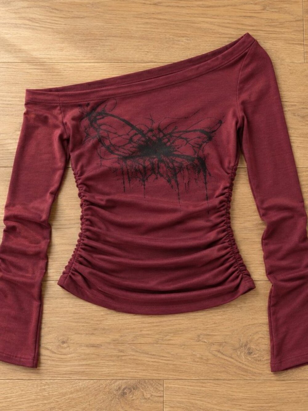 Burgundy off shoulder butterfly graphic top - ruched long sleeve y2k grunge